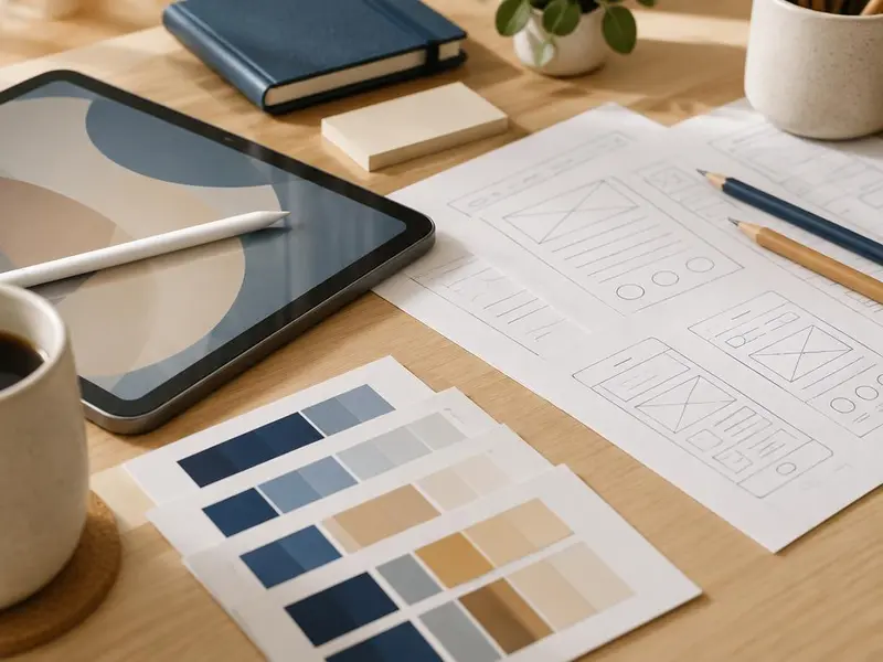 Tablet, rascunhos de layout e cartelas de cores sobre a mesa